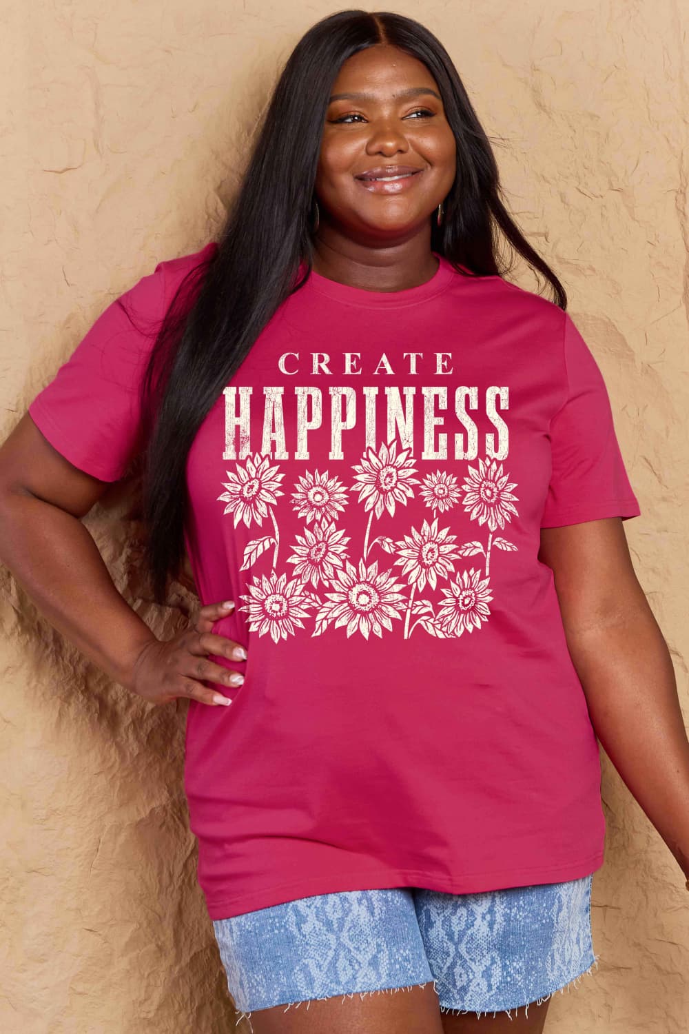 T-shirt en coton graphique Simply Love en taille réelle CREATE HAPPINESS