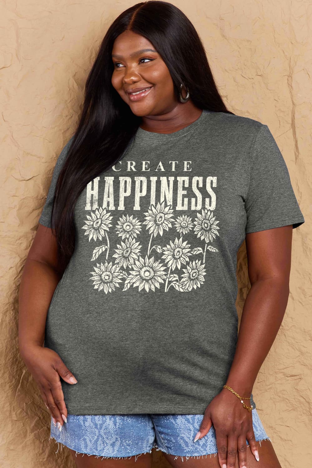 T-shirt en coton graphique Simply Love en taille réelle CREATE HAPPINESS