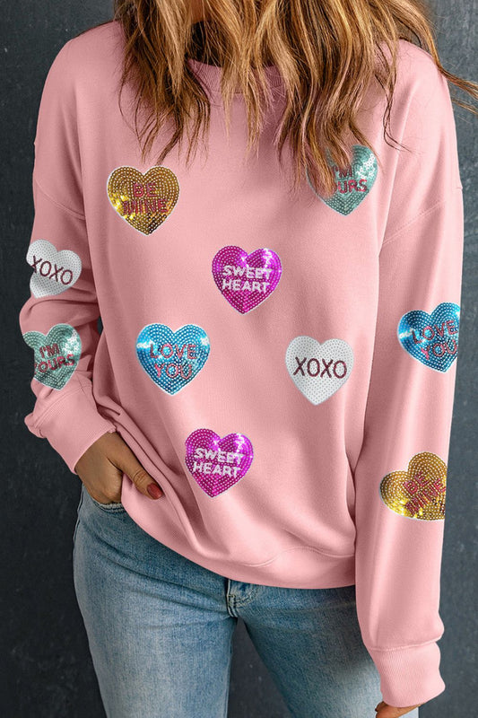 Valentine’s Day Sequin Heart Round Neck Long Sleeve Sweatshirt