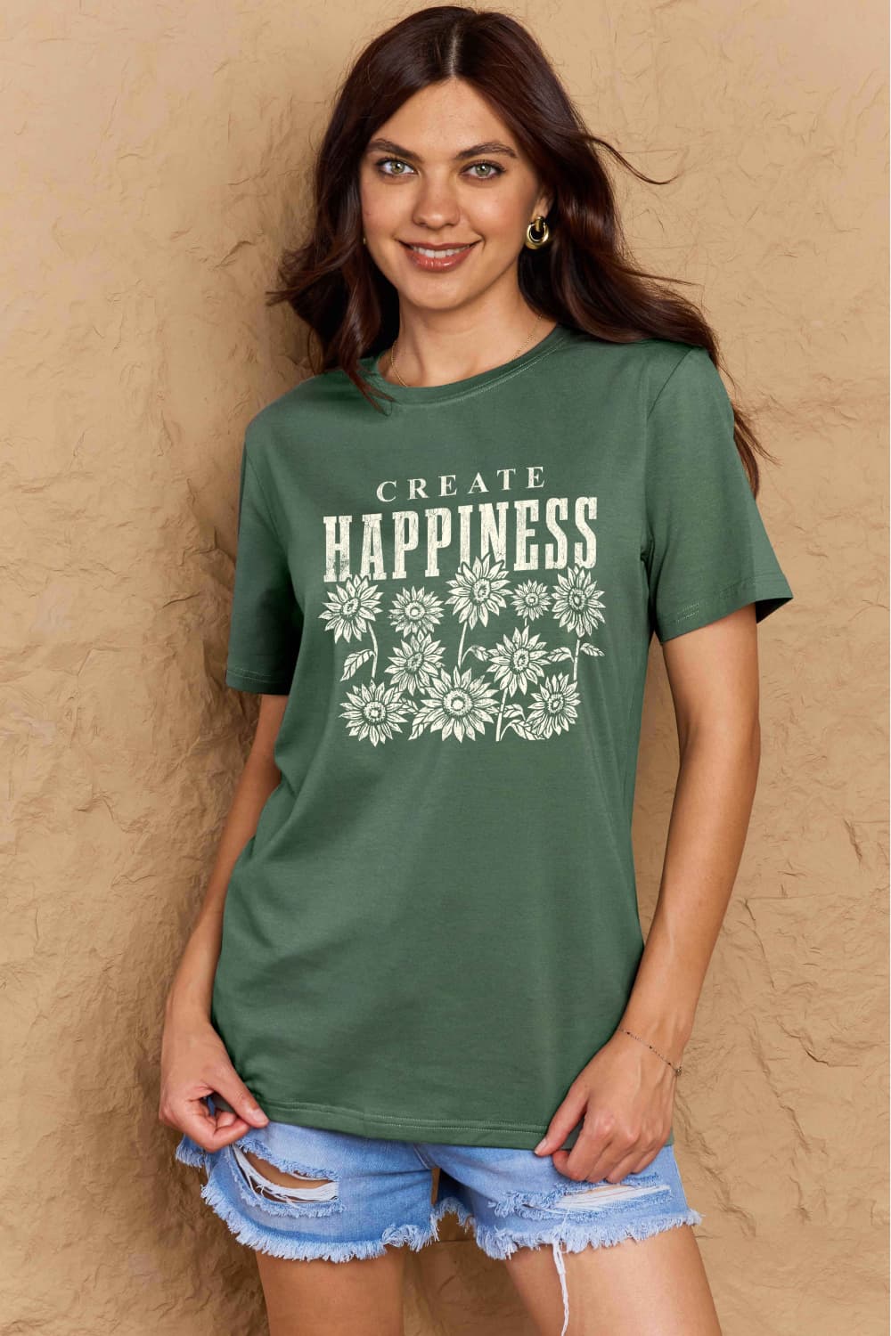 T-shirt en coton graphique Simply Love en taille réelle CREATE HAPPINESS