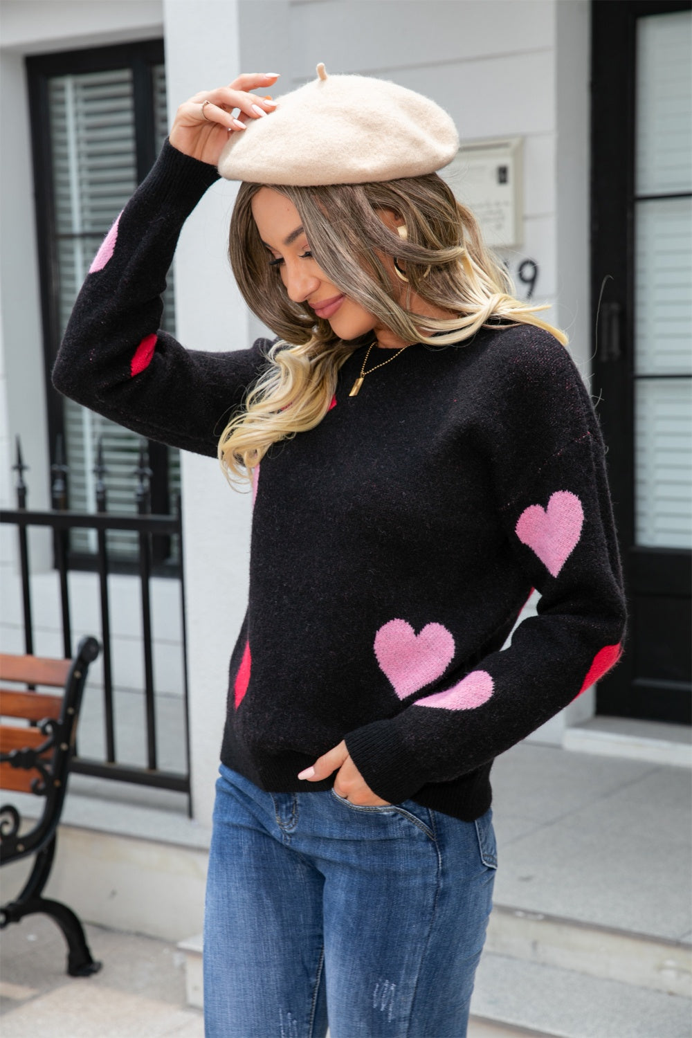 Angel Wings Heart Round Neck Droppped Shoulder Sweater