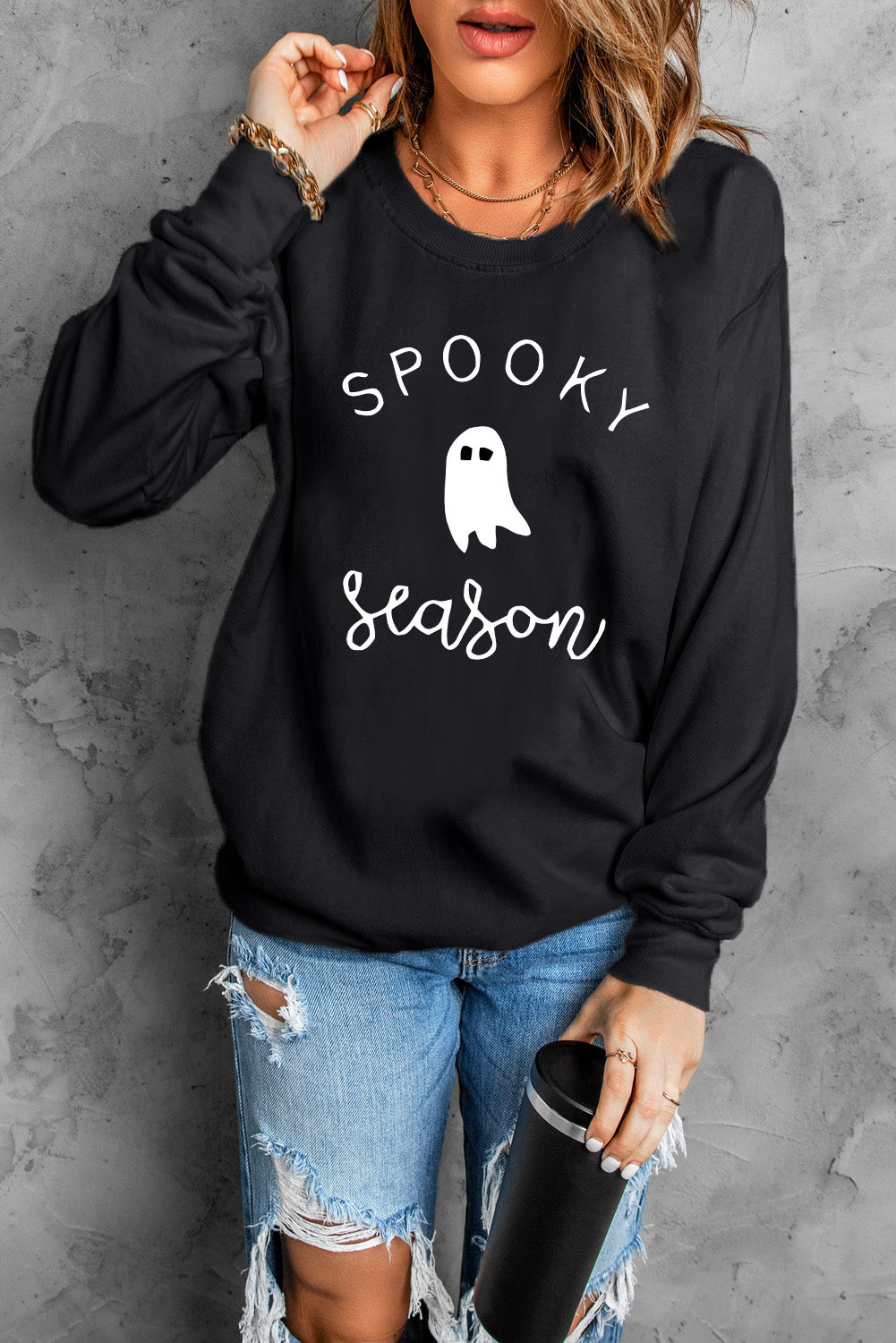 Sweat-shirt graphique SPOOKY SEASON à manches longues et col rond