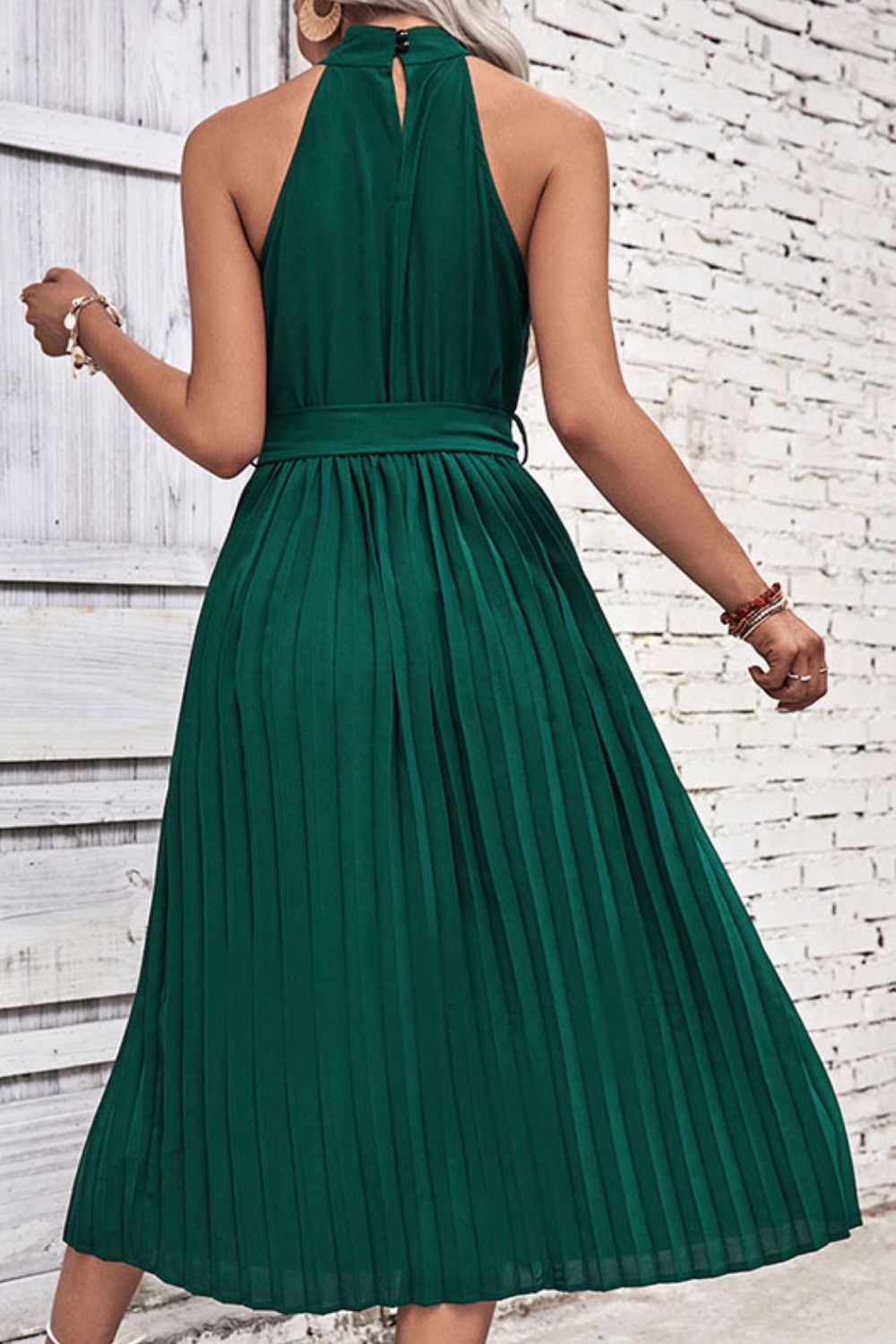 Perfee Tie Belt Pleated Midi Dress