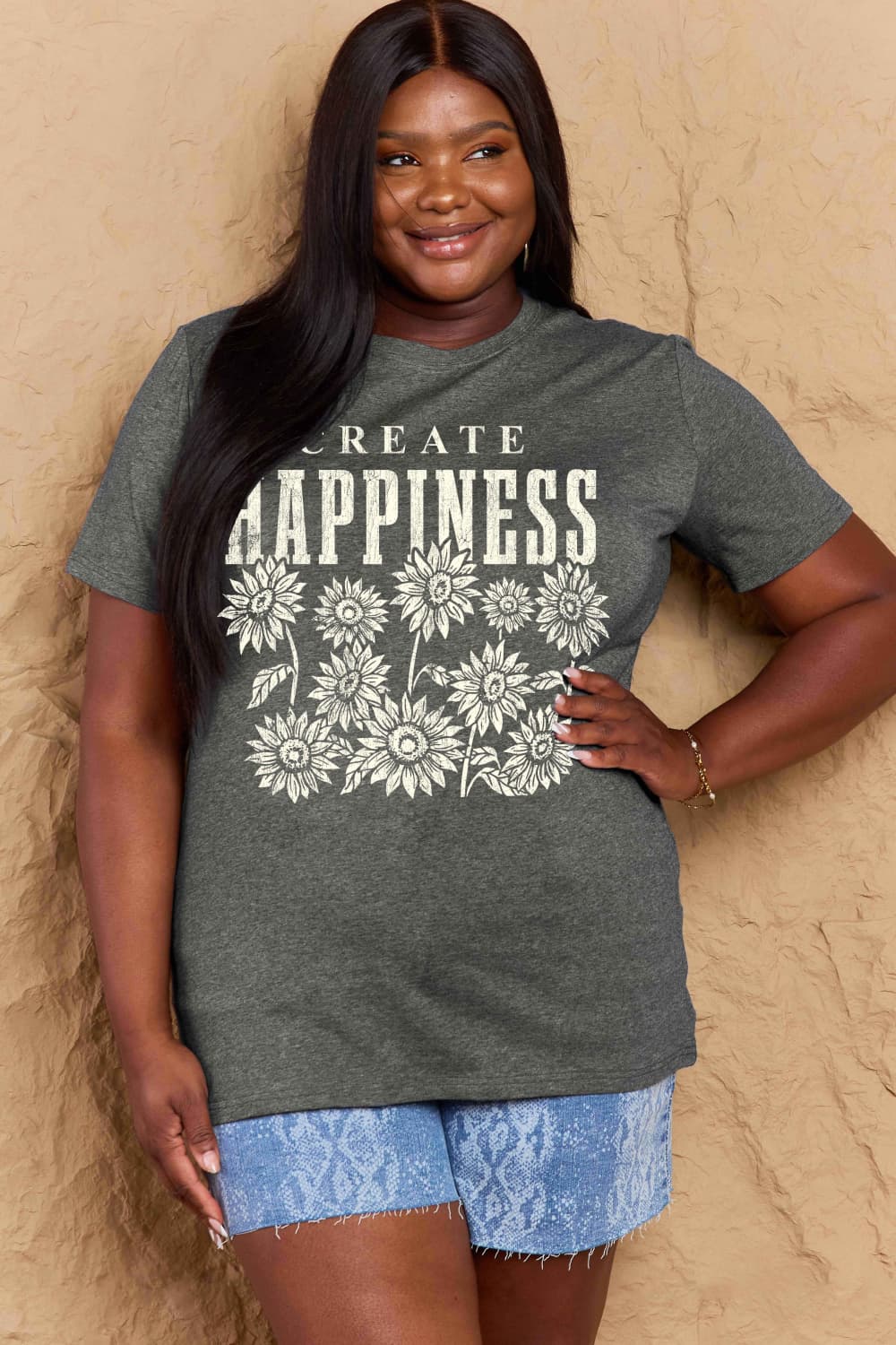 T-shirt en coton graphique Simply Love en taille réelle CREATE HAPPINESS