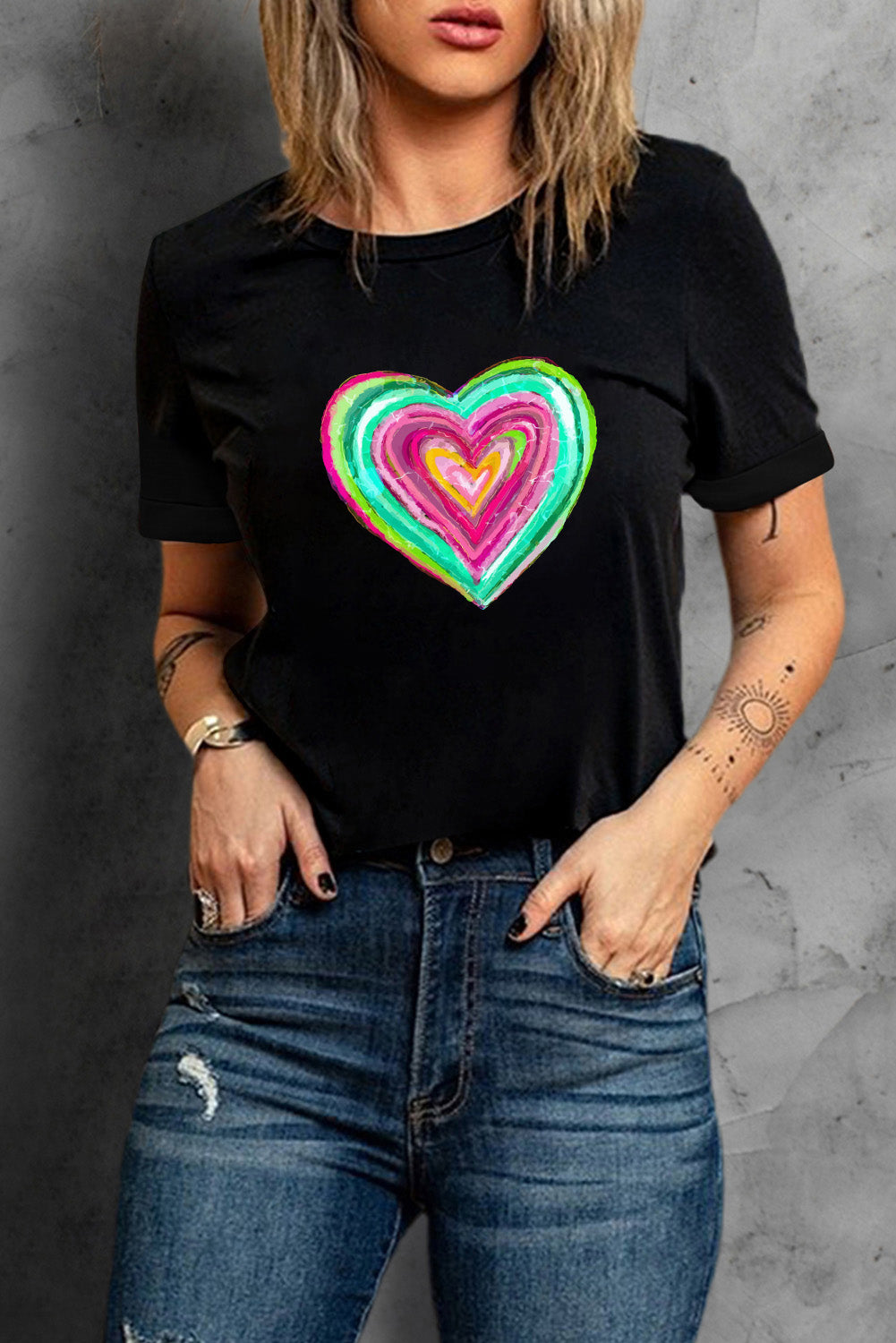 Heart Round Neck Short Sleeve T-Shirt