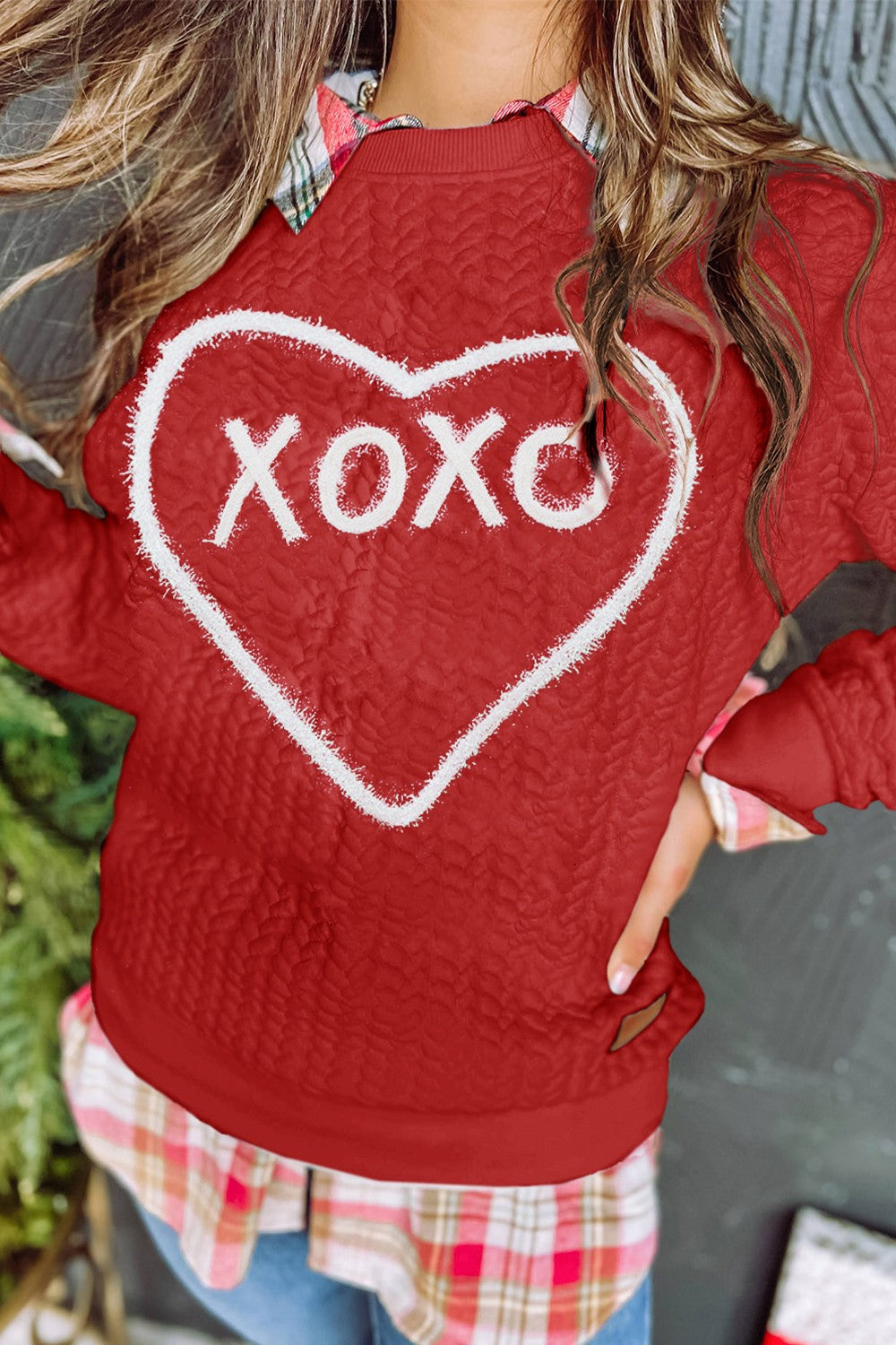 XOXO Sweatshirt mit Rundhalsausschnitt und überschnittenen Schultern und Herzmuster