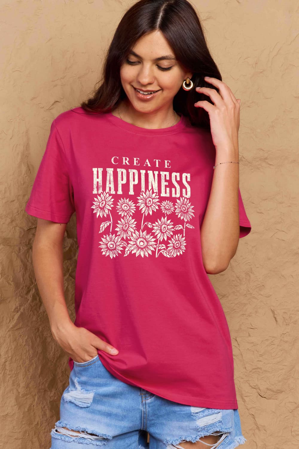 T-shirt en coton graphique Simply Love en taille réelle CREATE HAPPINESS