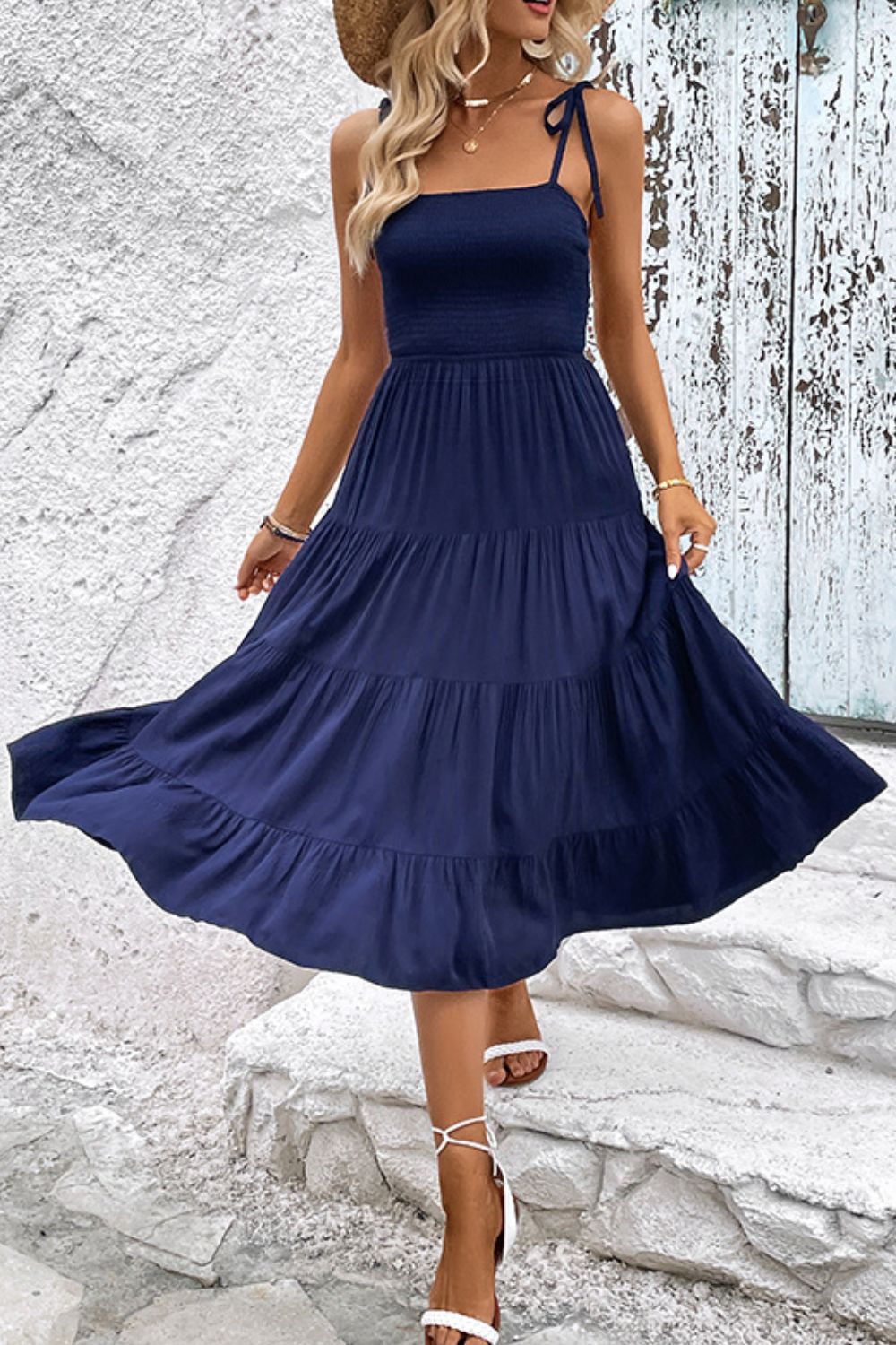 Perfee Tie-Shoulder Tiered Midi Dress