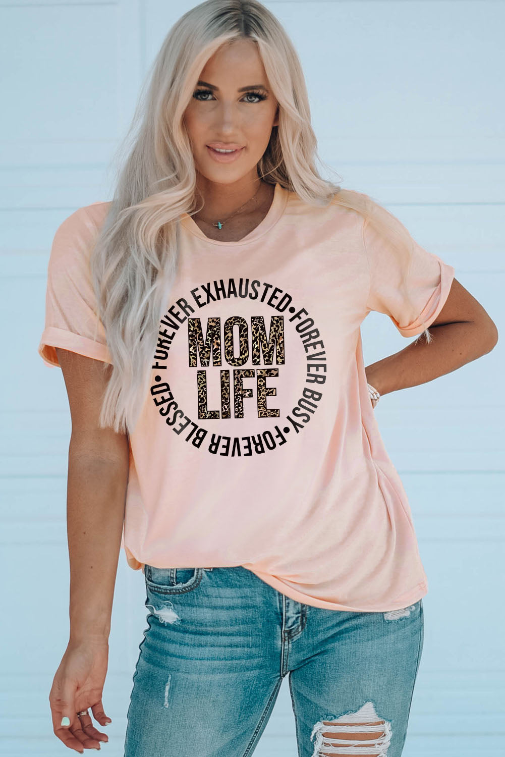 MOM LIFE T-Shirt mit Leopardenmuster und Bündchen