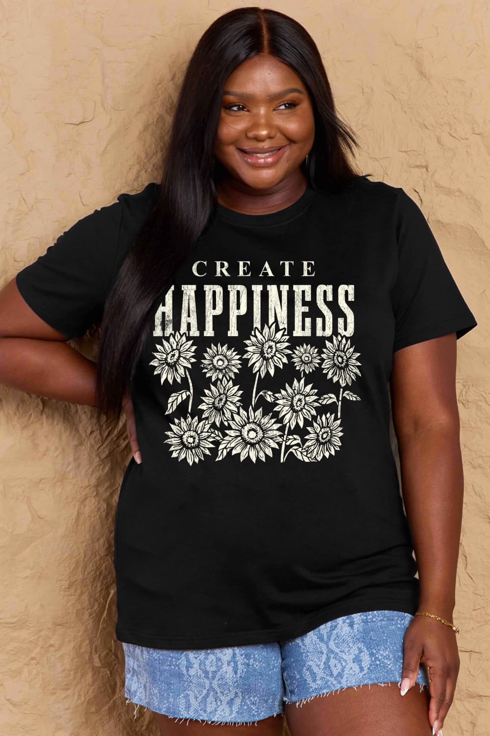 T-shirt en coton graphique Simply Love en taille réelle CREATE HAPPINESS