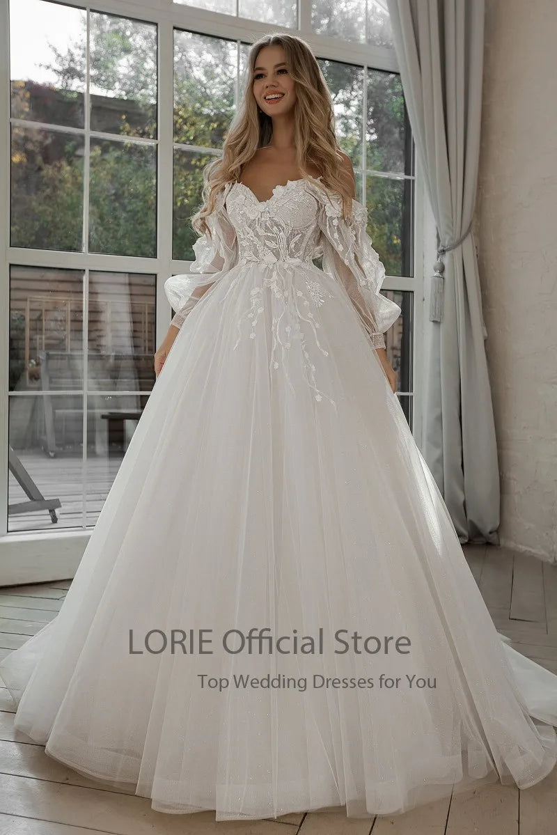 LORIE Glitter Wedding Dress – Off-Shoulder Tulle Boho Gown with Puff Sleeves & 3D Lace Appliques