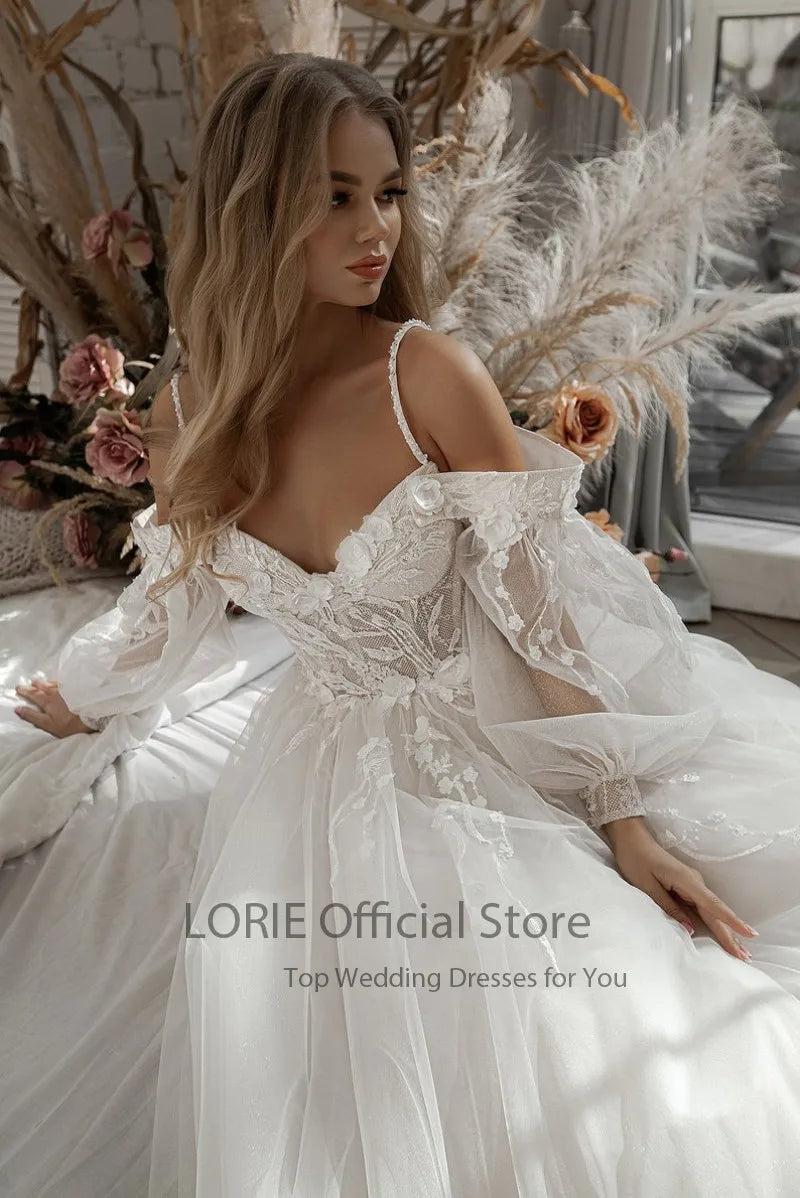 LORIE Glitter Wedding Dress – Off-Shoulder Tulle Boho Gown with Puff Sleeves & 3D Lace Appliques