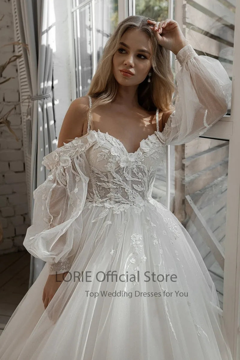 LORIE Glitter Wedding Dress – Off-Shoulder Tulle Boho Gown with Puff Sleeves & 3D Lace Appliques