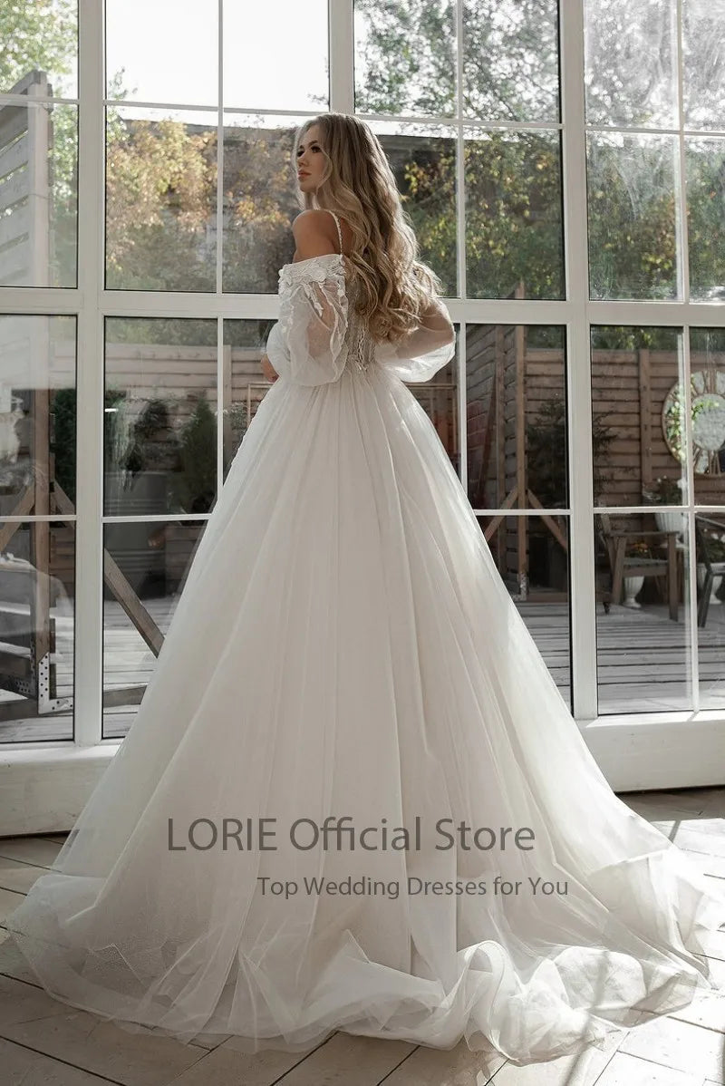 LORIE Glitter Wedding Dress – Off-Shoulder Tulle Boho Gown with Puff Sleeves & 3D Lace Appliques