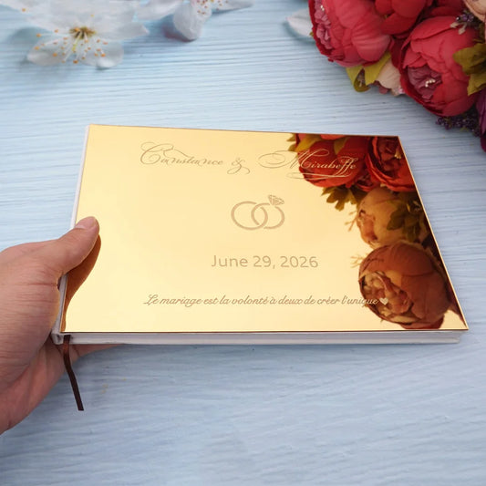 Livre d'or de mariage personnalisé avec miroir en acrylique – Livre d'or de réception personnalisé avec design d'anneaux