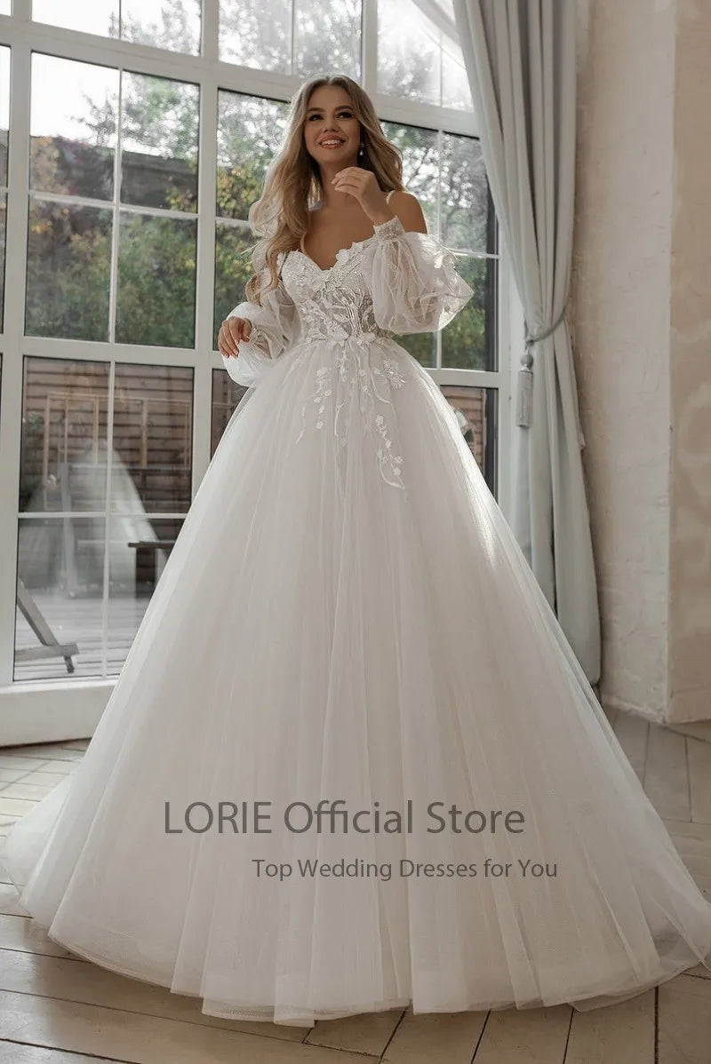 LORIE Glitter Wedding Dress – Off-Shoulder Tulle Boho Gown with Puff Sleeves & 3D Lace Appliques