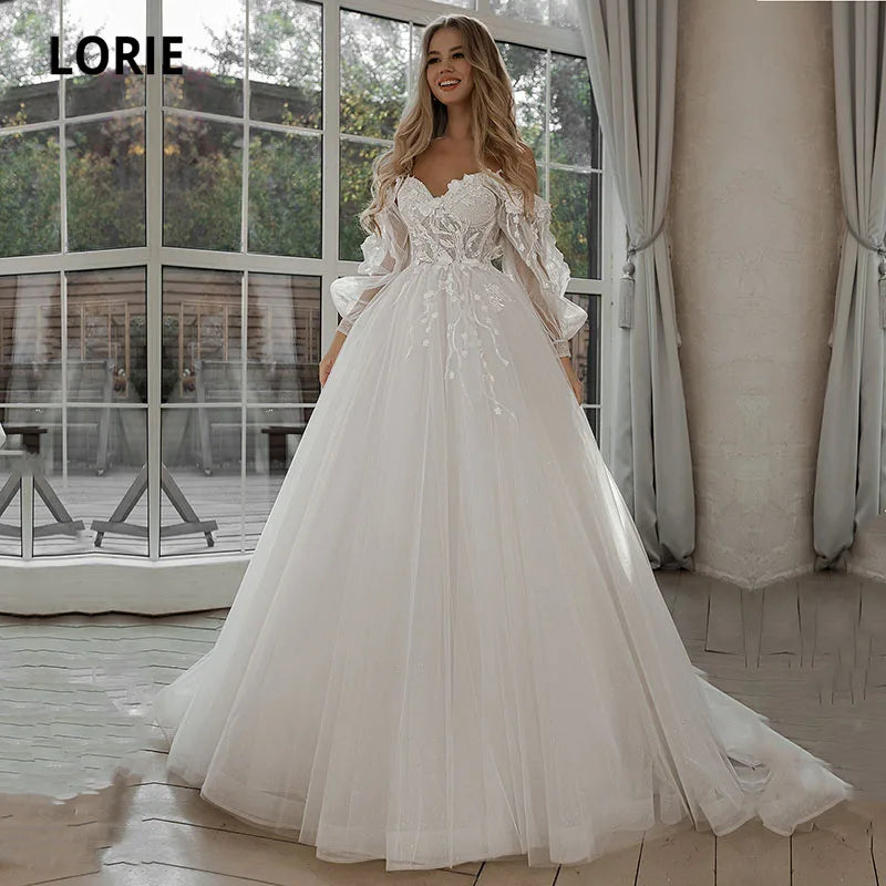 LORIE Glitter Wedding Dress – Off-Shoulder Tulle Boho Gown with Puff Sleeves & 3D Lace Appliques