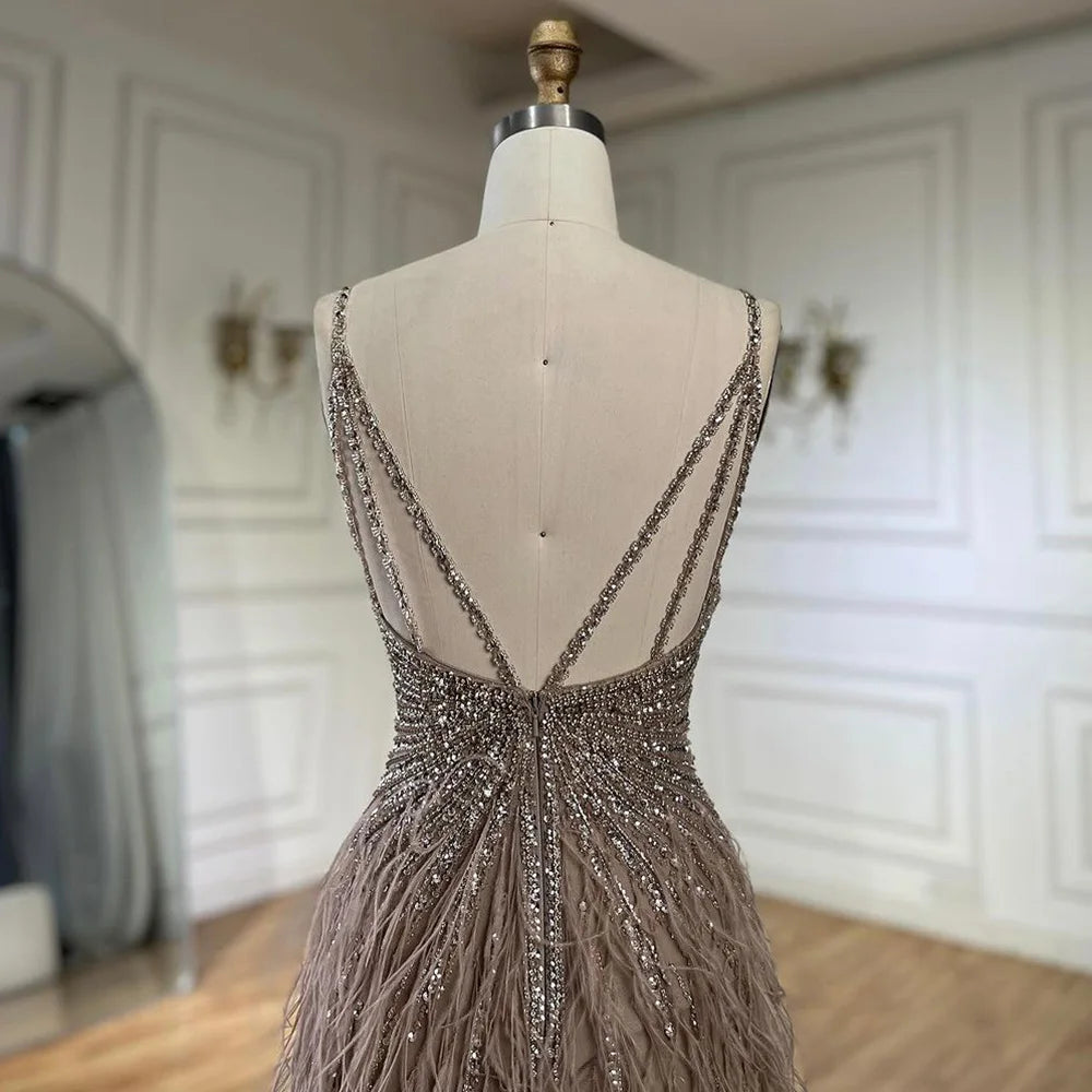 Serene Hill Beige Spaghetti Strap Mermaid Evening Dress – Split, Feathers & Beading (2024 LA70623 Customized)