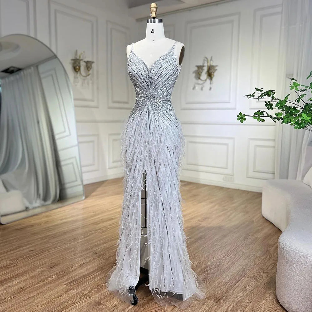 Serene Hill Beige Spaghetti Strap Mermaid Evening Dress – Split, Feathers & Beading (2024 LA70623 Customized)