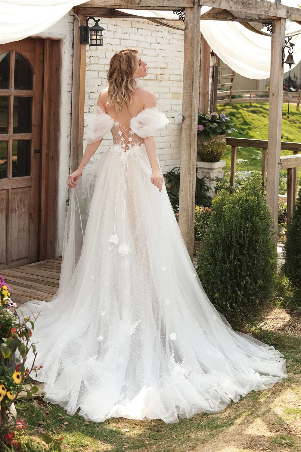 Boho Off-The-Shoulder V-Neck 3D Flower A-Line Wedding Dress – Custom Side Slit Bridal Gown 2025