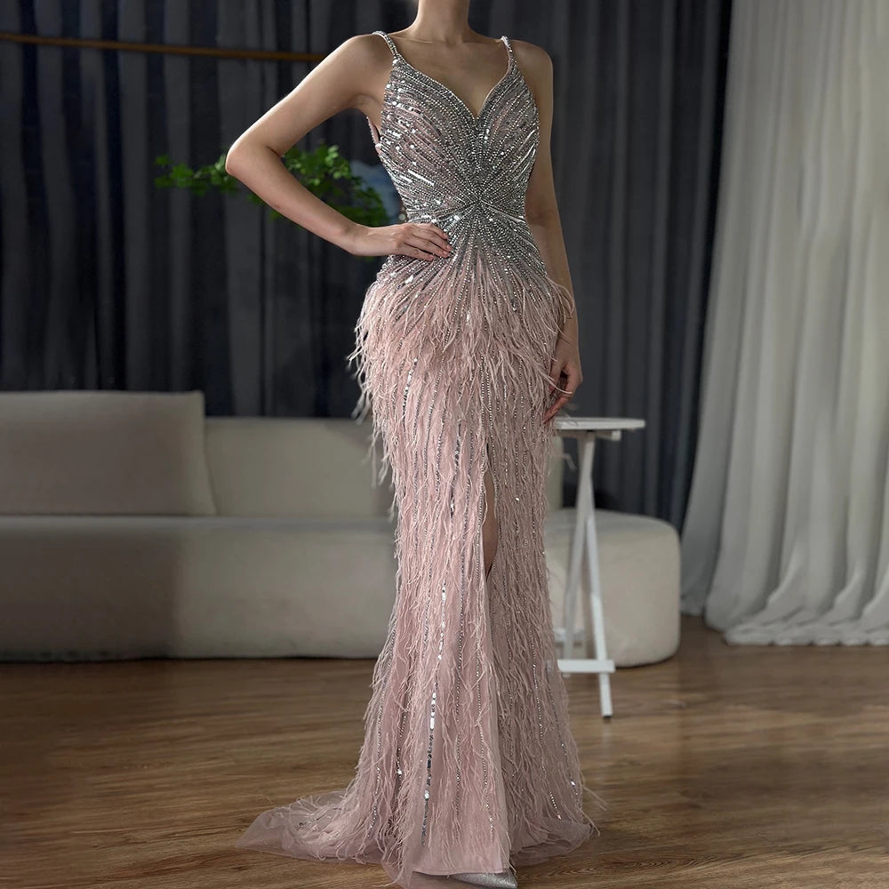 Serene Hill Beige Spaghetti Strap Mermaid Evening Dress – Split, Feathers & Beading (2024 LA70623 Customized)