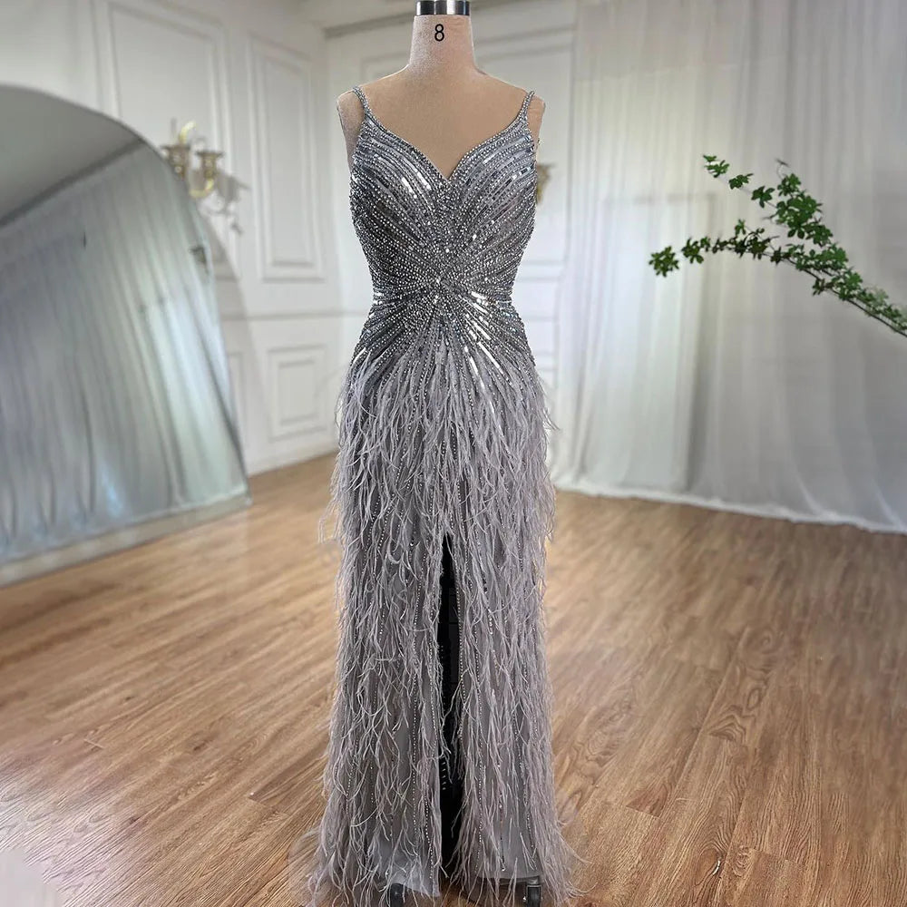 Serene Hill Beige Spaghetti Strap Mermaid Evening Dress – Split, Feathers & Beading (2024 LA70623 Customized)