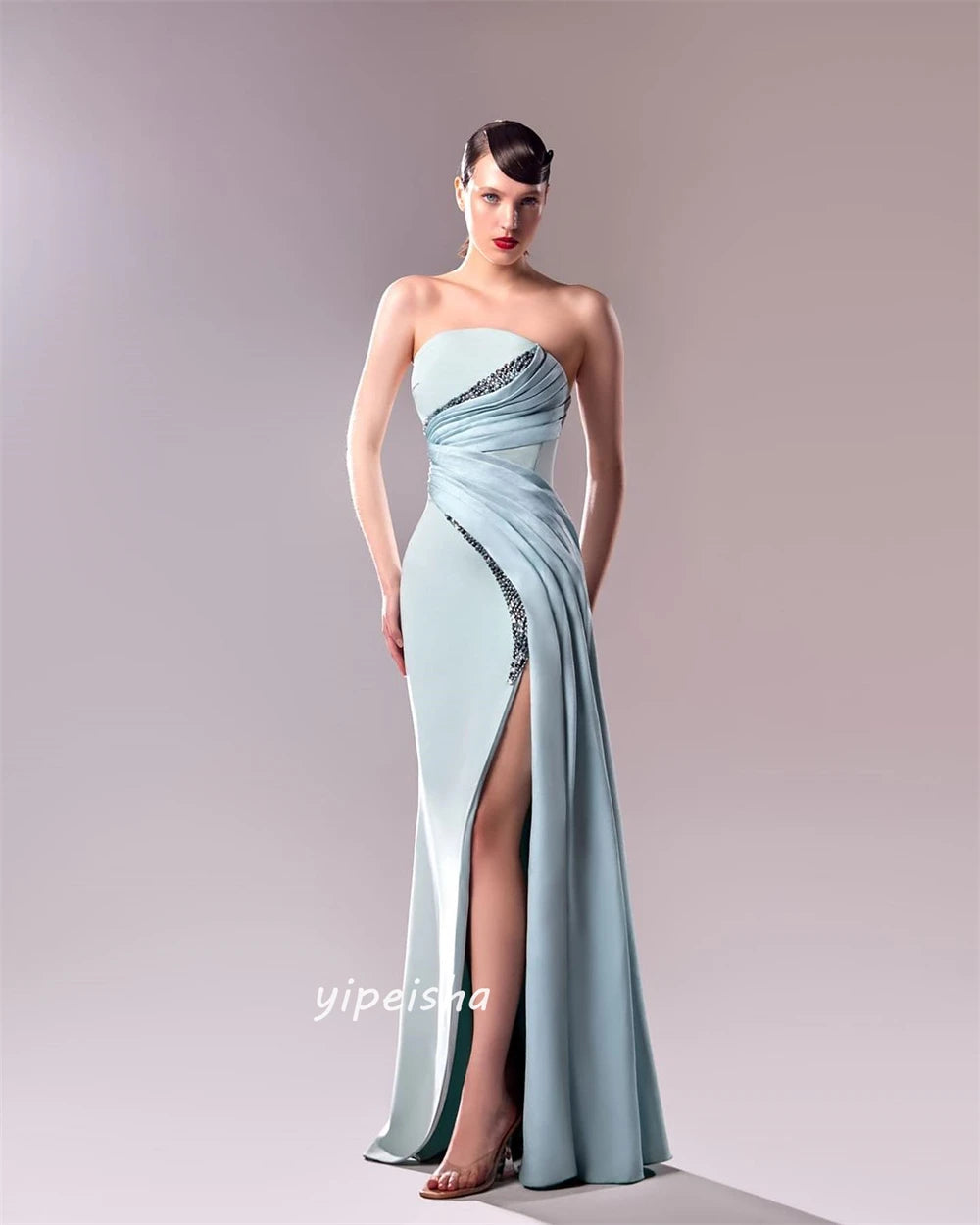 Customized Strapless A-Line Evening Dress – Beaded Pleats Bespoke Formal Wear