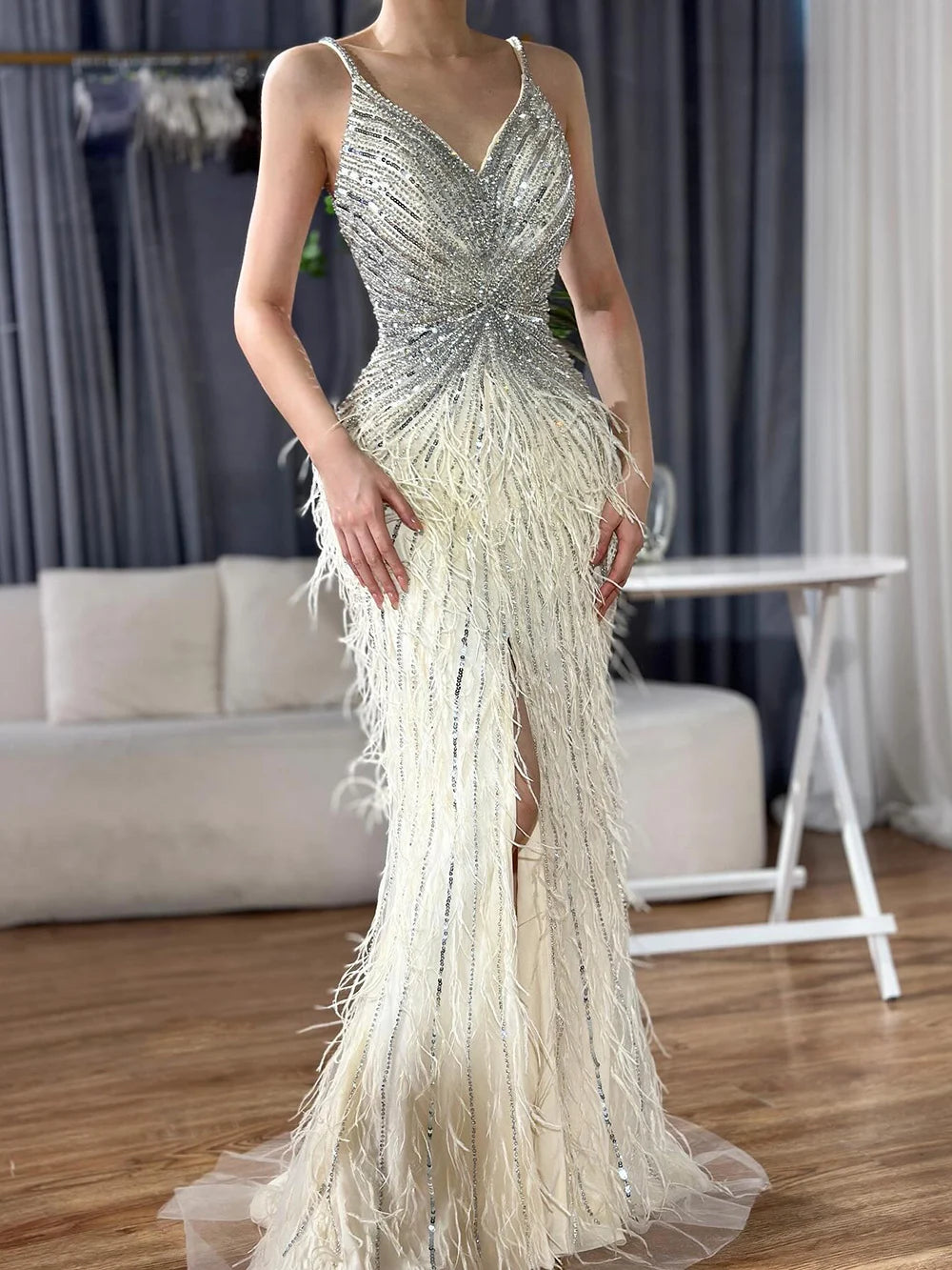 Serene Hill Beige Spaghetti Strap Mermaid Evening Dress – Split, Feathers & Beading (2024 LA70623 Customized)