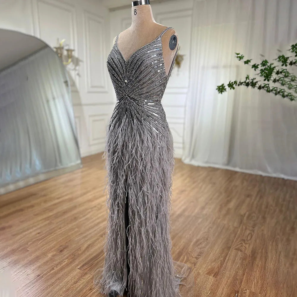 Serene Hill Beige Spaghetti Strap Mermaid Evening Dress – Split, Feathers & Beading (2024 LA70623 Customized)