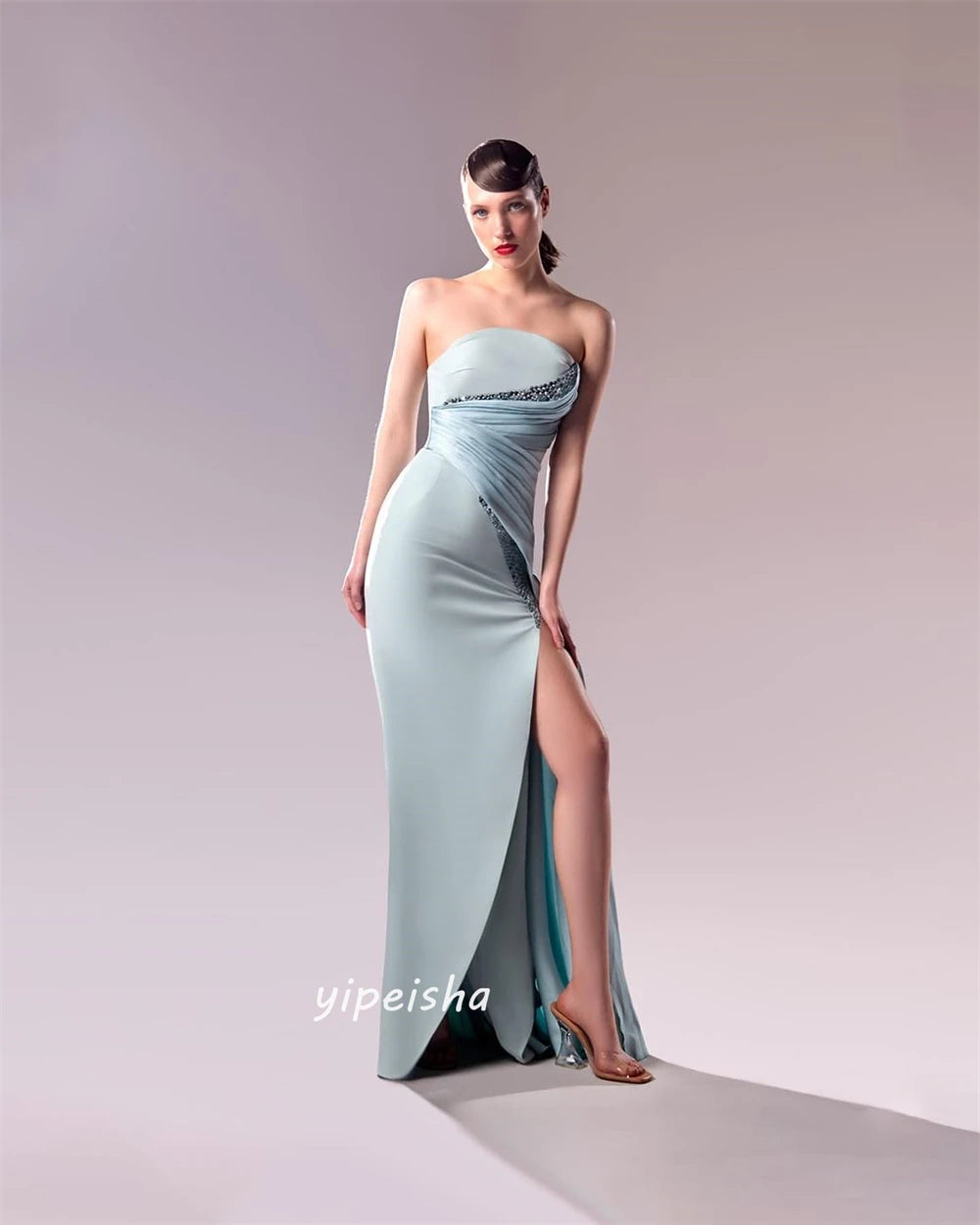 Customized Strapless A-Line Evening Dress – Beaded Pleats Bespoke Formal Wear