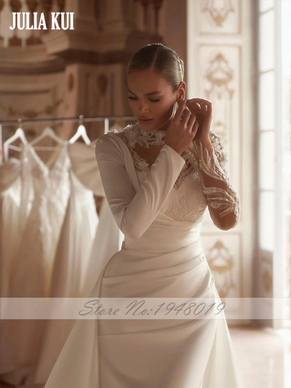 Robe de mariée 2 en 1 sur mesure Julia Kui – Robe de mariée trompette élégante avec appliques en dentelle et plis