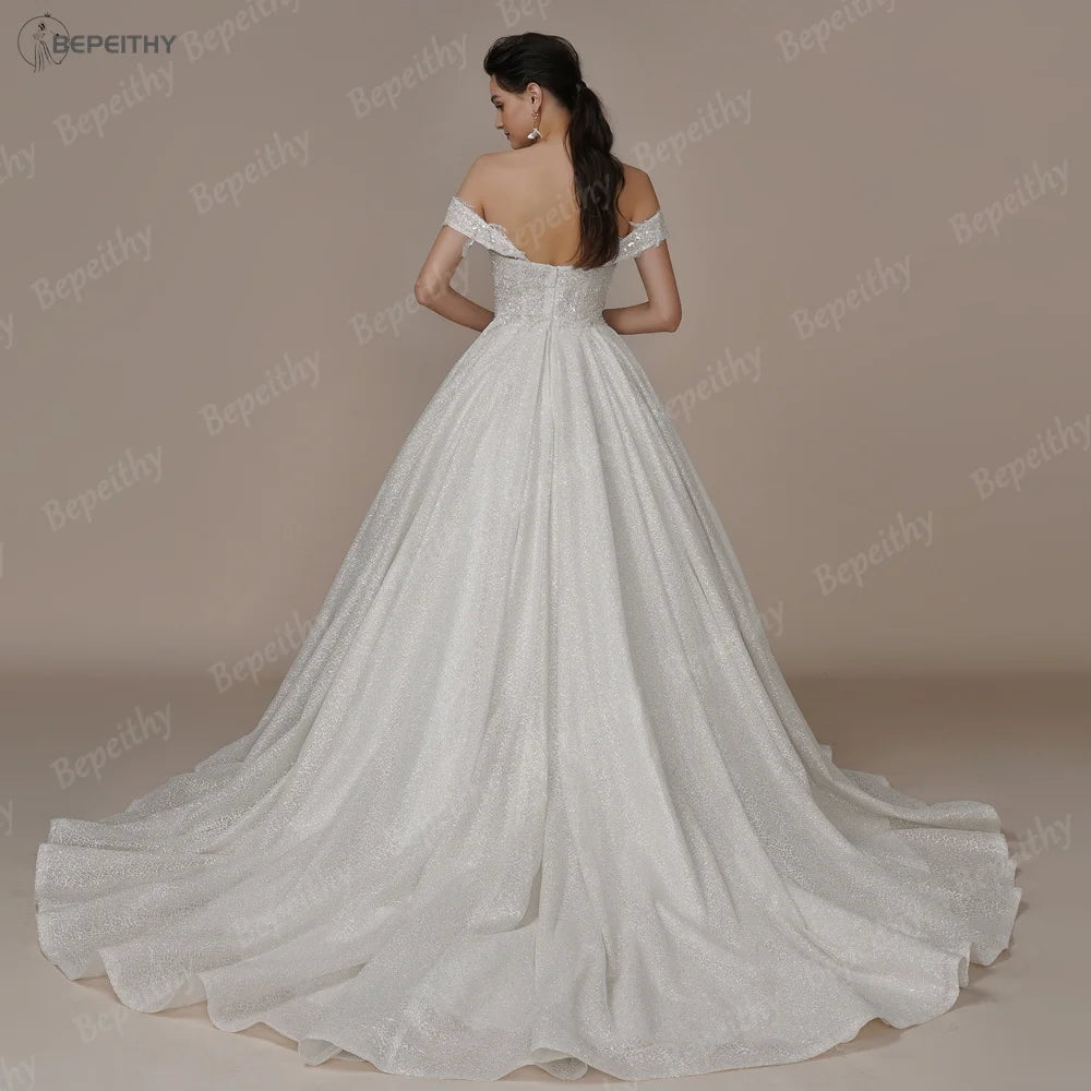 Robe de mariée de luxe personnalisée sans bretelles à paillettes en forme de A – Robe de mariée ivoire à épaules dénudées