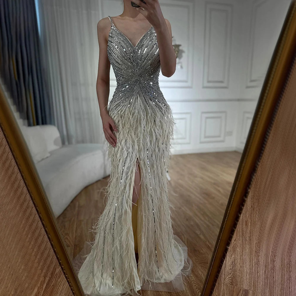 Serene Hill Beige Spaghetti Strap Mermaid Evening Dress – Split, Feathers & Beading (2024 LA70623 Customized)