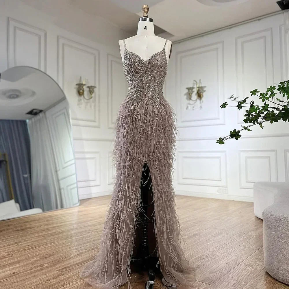 Serene Hill Beige Spaghetti Strap Mermaid Evening Dress – Split, Feathers & Beading (2024 LA70623 Customized)