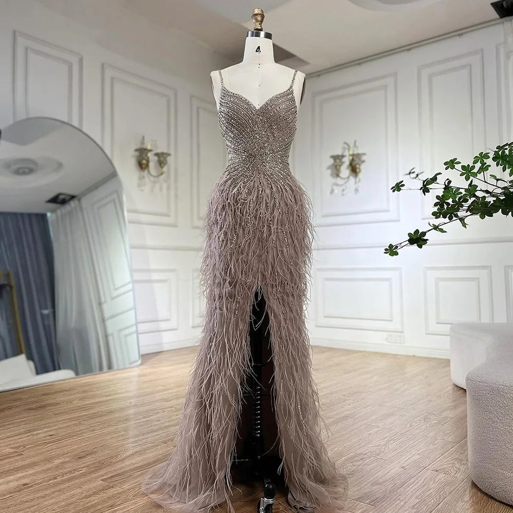 Serene Hill Beige Spaghetti Strap Mermaid Evening Dress – Split, Feathers & Beading (2024 LA70623 Customized)