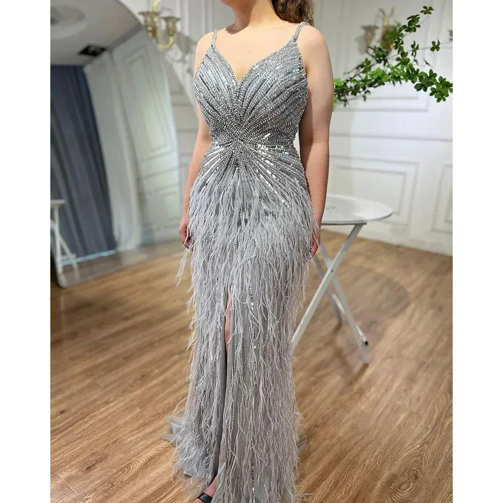 Serene Hill Beige Spaghetti Strap Mermaid Evening Dress – Split, Feathers & Beading (2024 LA70623 Customized)