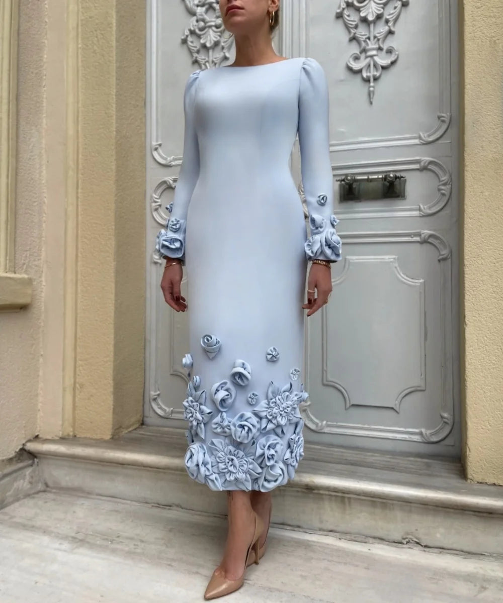 Customized Jersey Jewel Neck Midi Dress – Elegant Pleated Flower Design for Cocktail & Formal Wear