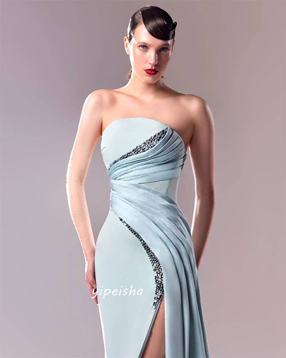 Customized Strapless A-Line Evening Dress – Beaded Pleats Bespoke Formal Wear