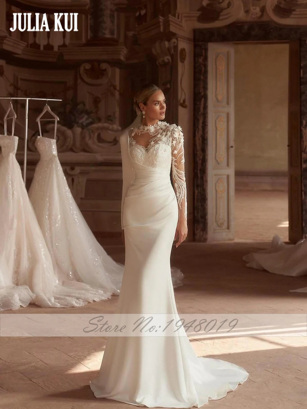 Robe de mariée 2 en 1 sur mesure Julia Kui – Robe de mariée trompette élégante avec appliques en dentelle et plis