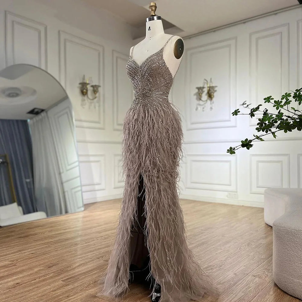 Serene Hill Beige Spaghetti Strap Mermaid Evening Dress – Split, Feathers & Beading (2024 LA70623 Customized)