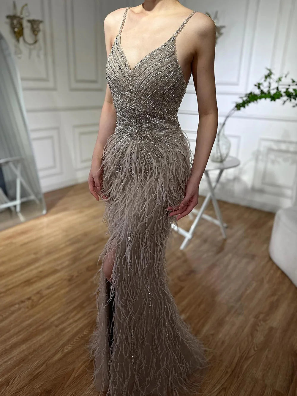 Serene Hill Beige Spaghetti Strap Mermaid Evening Dress – Split, Feathers & Beading (2024 LA70623 Customized)