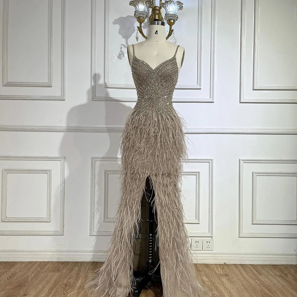 Serene Hill Beige Spaghetti Strap Mermaid Evening Dress – Split, Feathers & Beading (2024 LA70623 Customized)