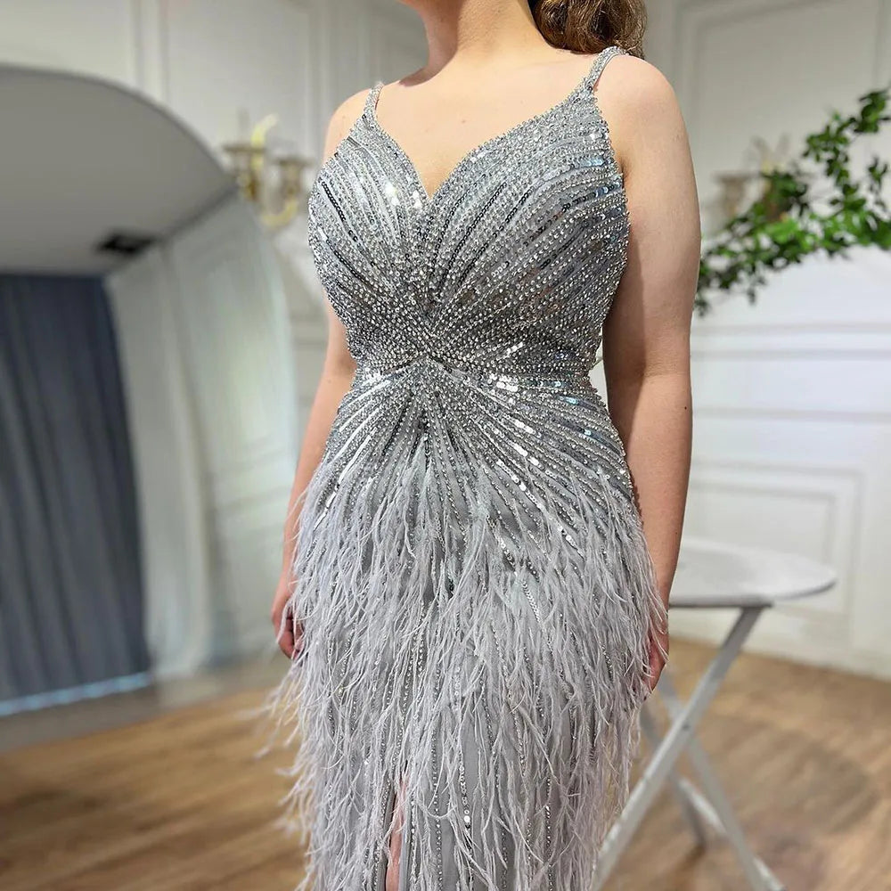 Serene Hill Beige Spaghetti Strap Mermaid Evening Dress – Split, Feathers & Beading (2024 LA70623 Customized)