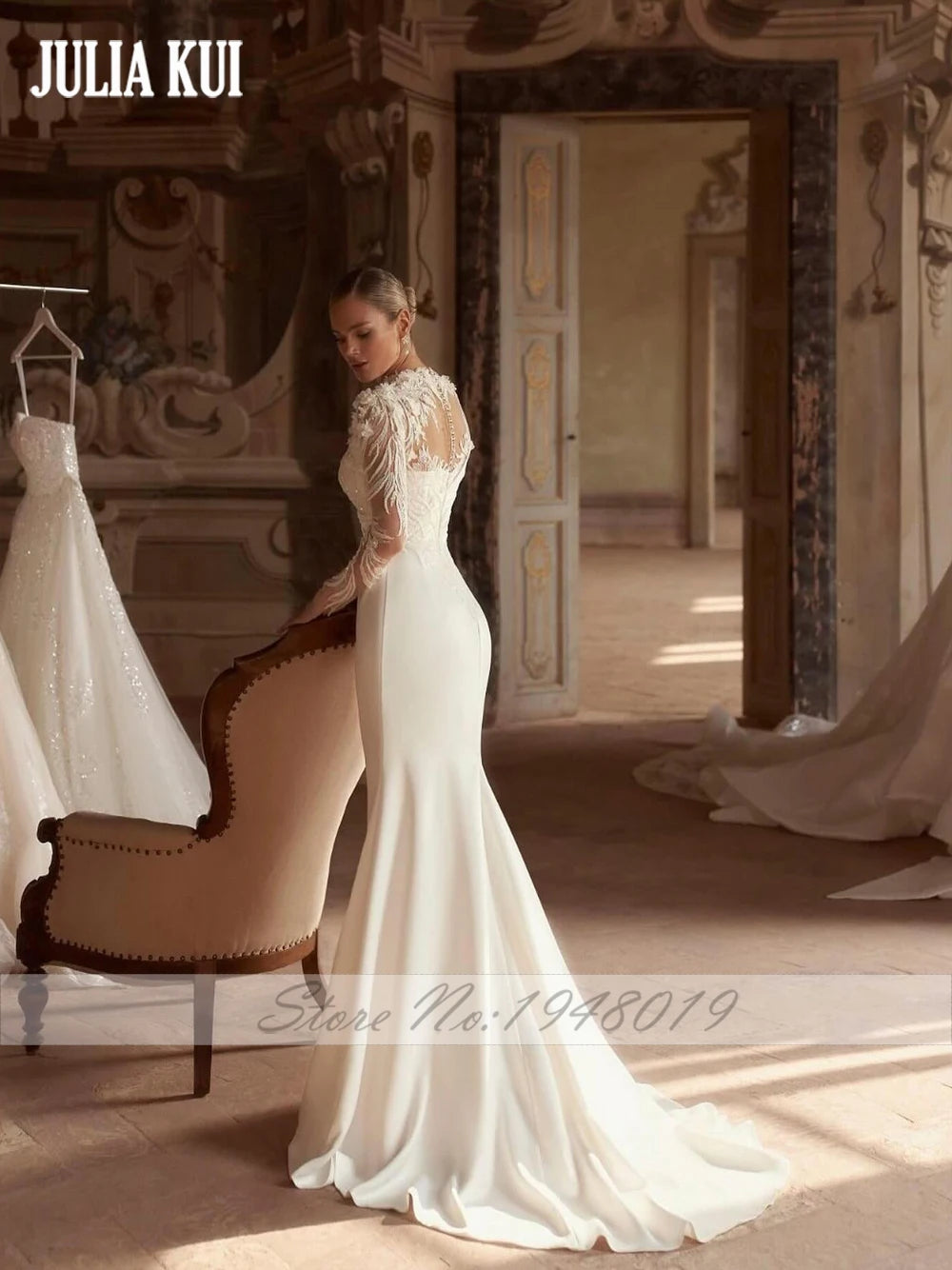 Robe de mariée 2 en 1 sur mesure Julia Kui – Robe de mariée trompette élégante avec appliques en dentelle et plis