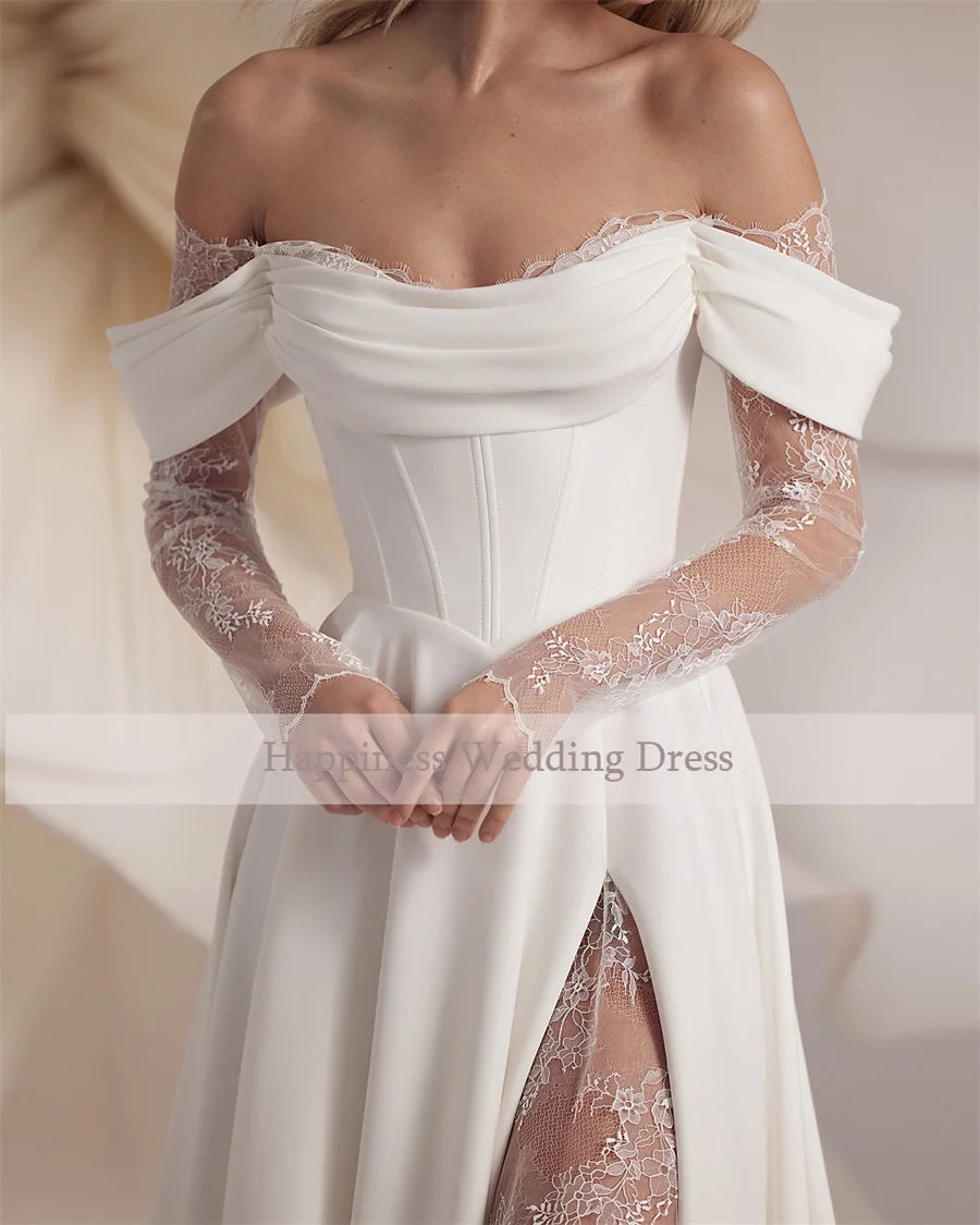 Customized Strapless Corset Wedding Dress – A-Line Bridal Gown with Front Split & 3/4 Lace Sleeves