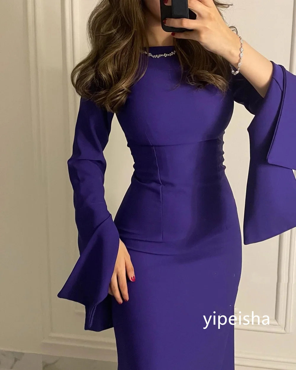 Customized Jersey A-Line O-Neck Midi Dress – Elegant Retro-Style Formal & Casual Wear