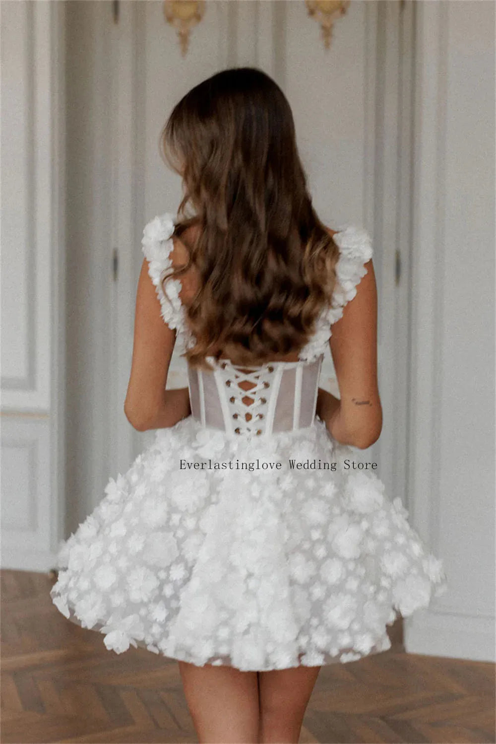 Modern Two-Strap Lace Mini Wedding Dress – Custom Made Floral Bridal Gown