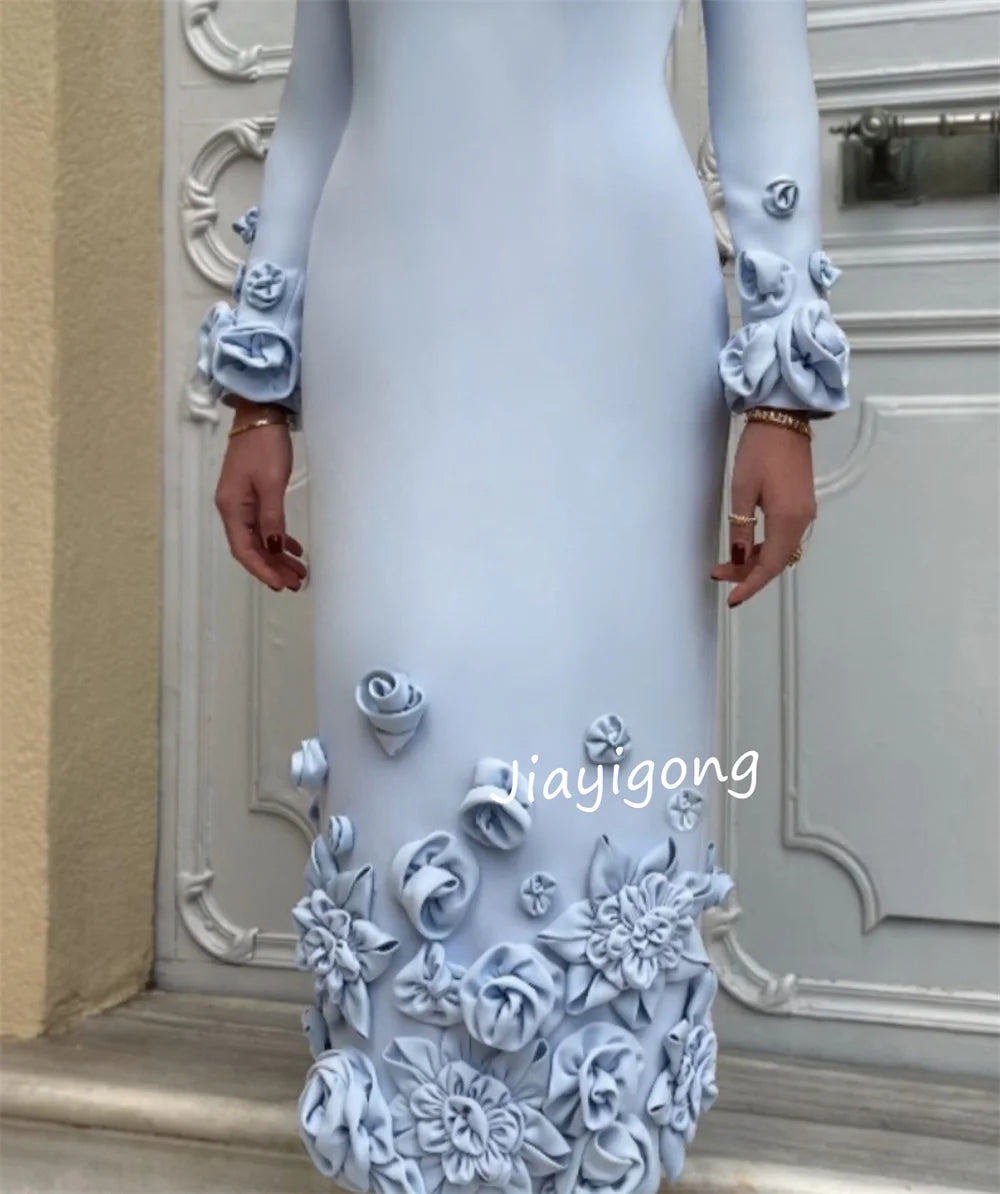 Customized Jersey Jewel Neck Midi Dress – Elegant Pleated Flower Design for Cocktail & Formal Wear