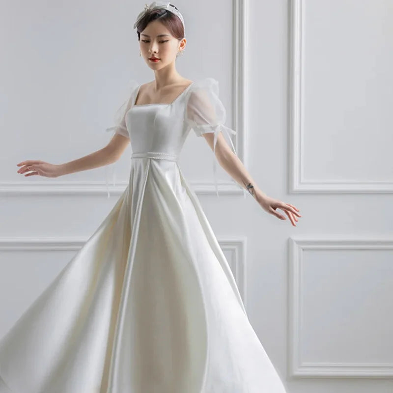 White Satin Puff Sleeve Wedding Dress – Elegant Long Formal Party & Evening Gown for Brides