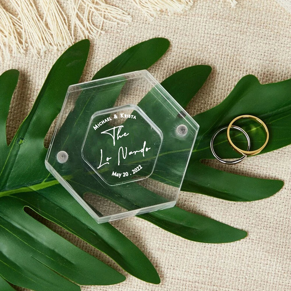 Personalized Clear Acrylic Hexagon Ring Box – Custom Engagement & Wedding Keepsake